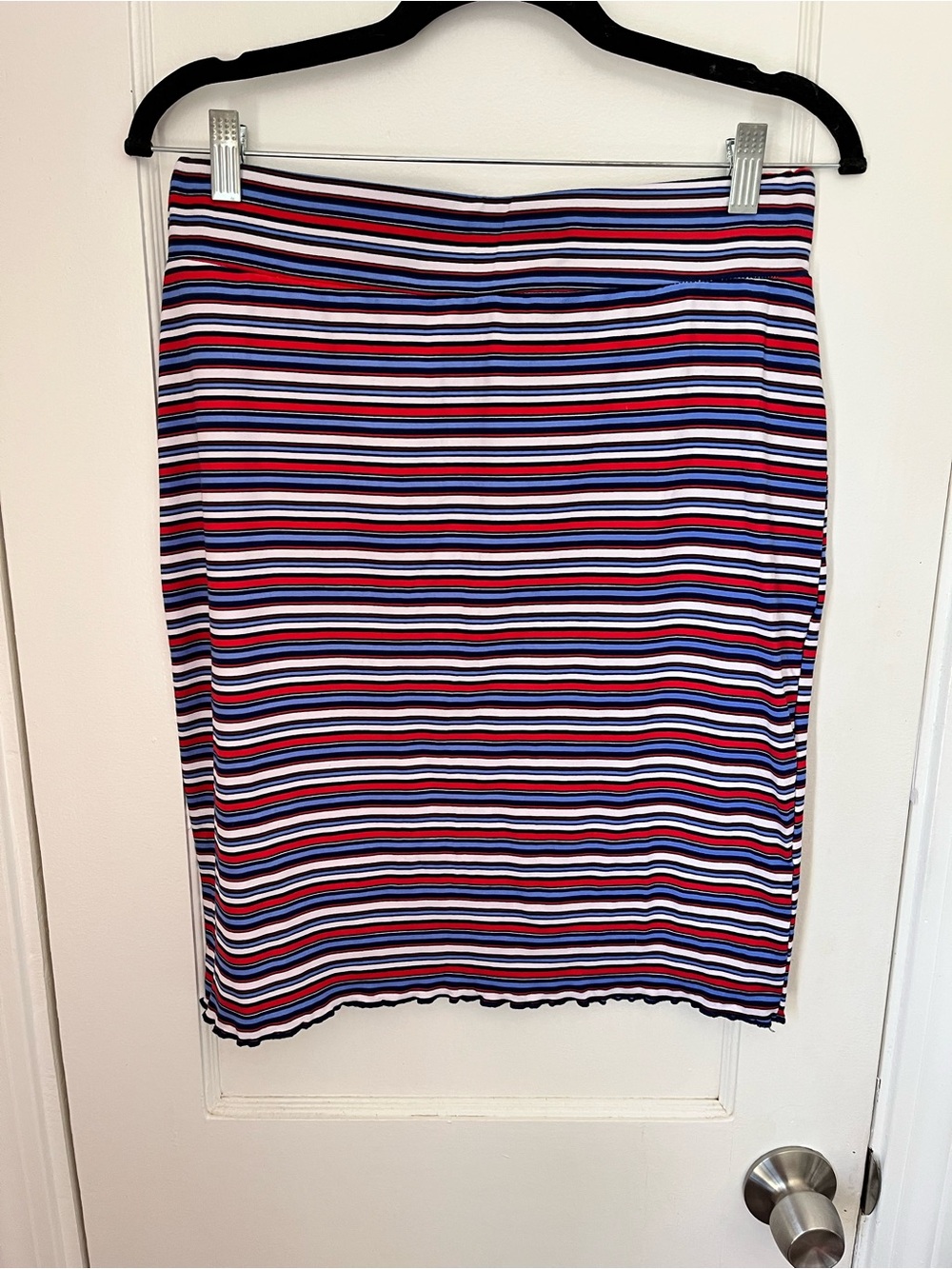 No Comment Striped Pencil Skirt in Red, Blue & White with Lettuce Hem